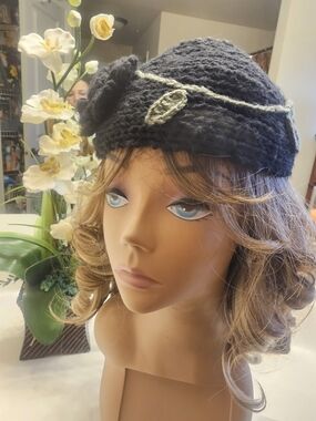 Textured Black Knit Floral Accent Hat for Women